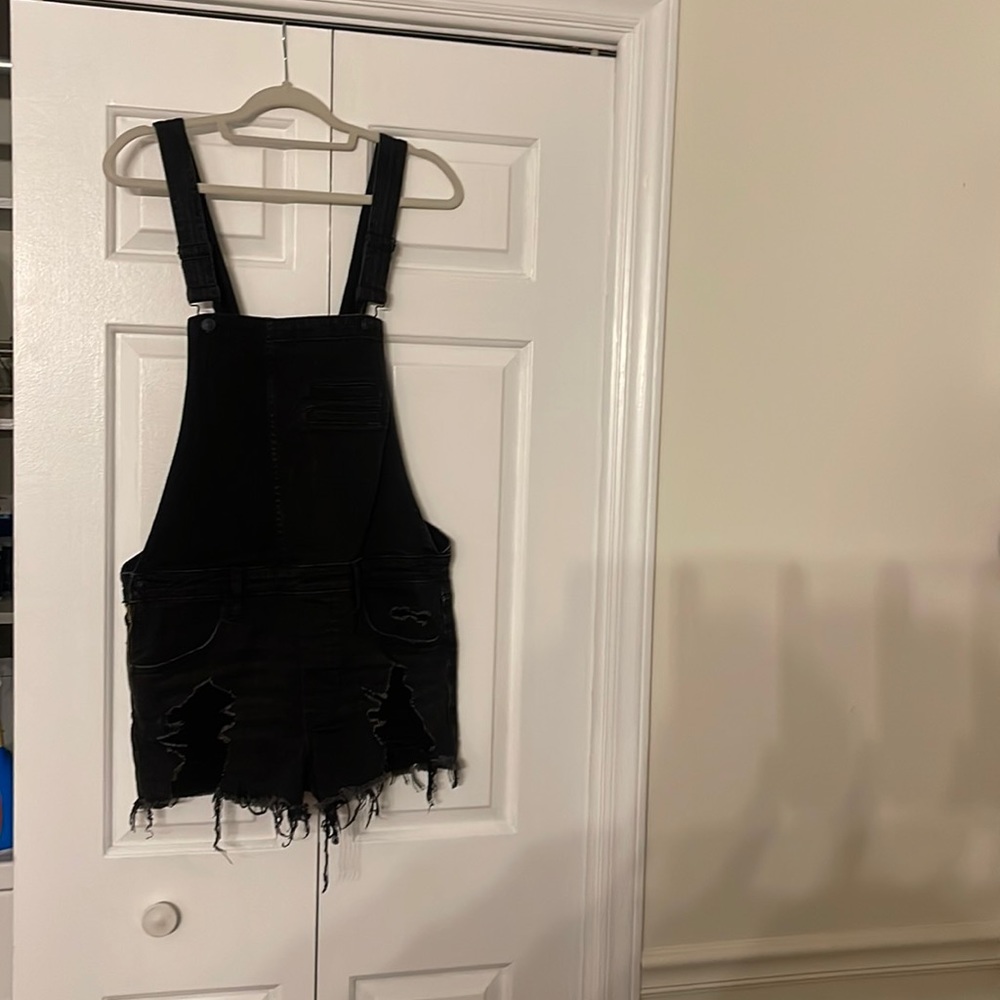 Black distressed express short overalls